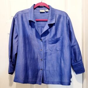 SOLD.......Chicos VTG Womans Linen Blue Button-Up Shirt Size L Crop Cottagecore
